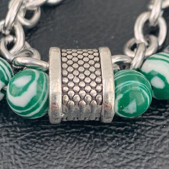 Men’s Malachite Green & Hematite Black Beaded Bracelet with Silver Chain - Picture 3 of 9
